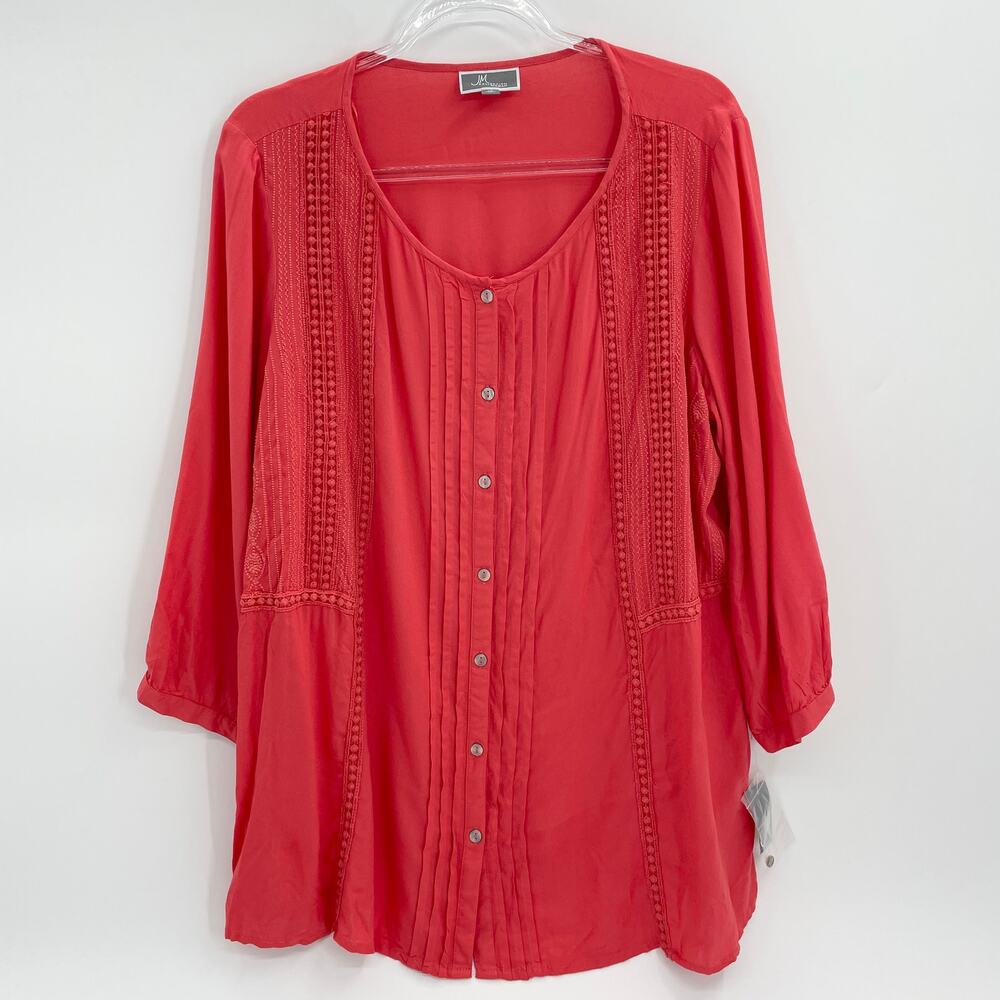 New JM COLLECTION Shirt Womens Size 1X Coral 3/4 Sleeve Button Up Relaxed Top